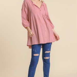 Umgee Women's Large 3/4 Sleeve Button Down Pleated Tunic Dress High Low Pink